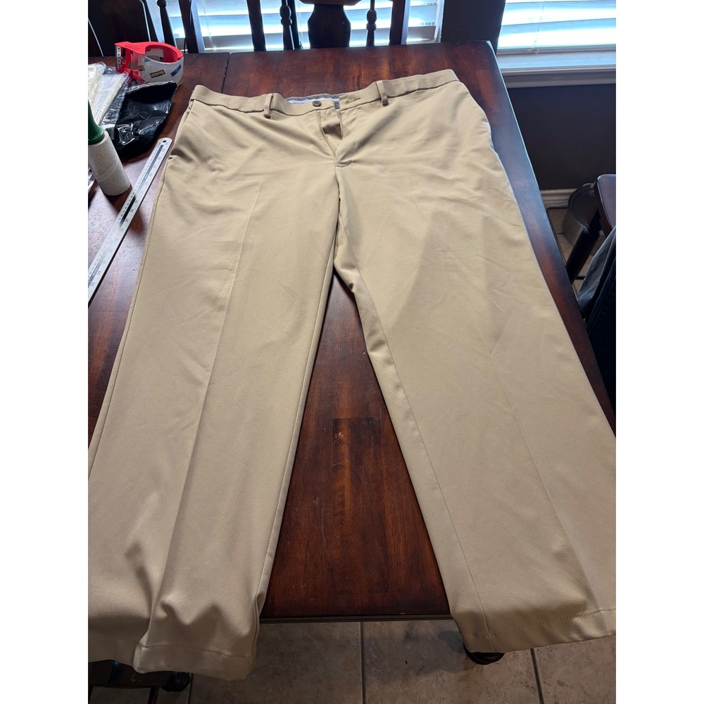 Haggar Cool 18 Pro Mens Khaki Dress Pants 42x30 Tan Flat Front Expandable Waist